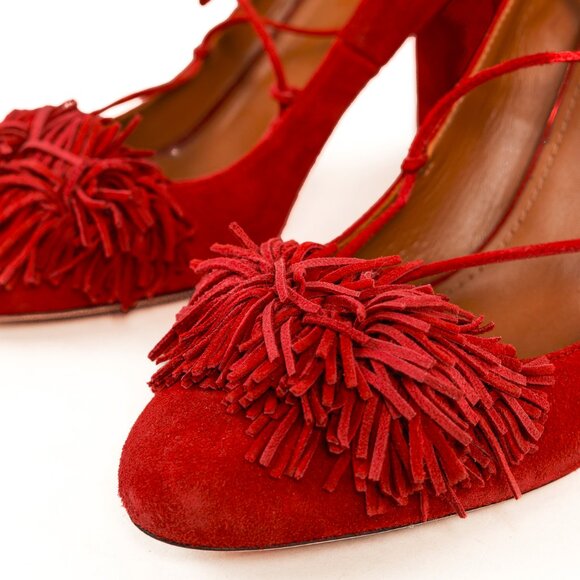 Aquazzura Wild Thing Pomegranate Fringe Lace-Up Block-Heel Pumps - Picture 8 of 11